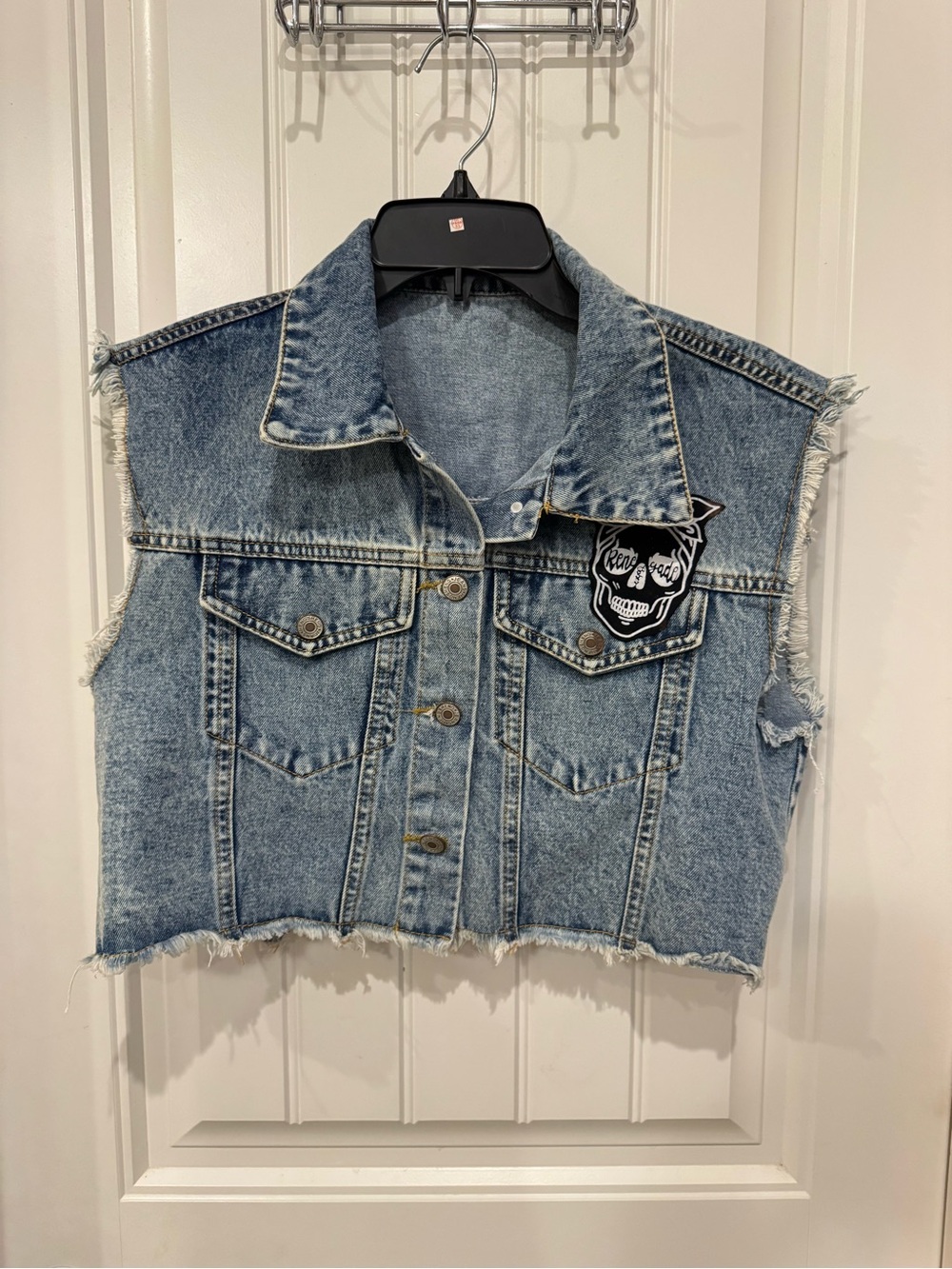 Renegade Babes Cropped Light Blue Denim Vest with Skull Patch